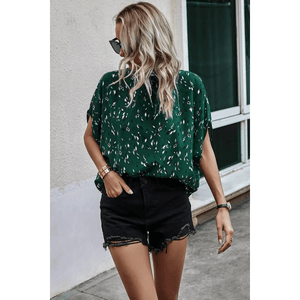 Drop Shoulder Top-Green/Leopard