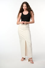 High-Rise Maxi Denim Skirt w Slit- White