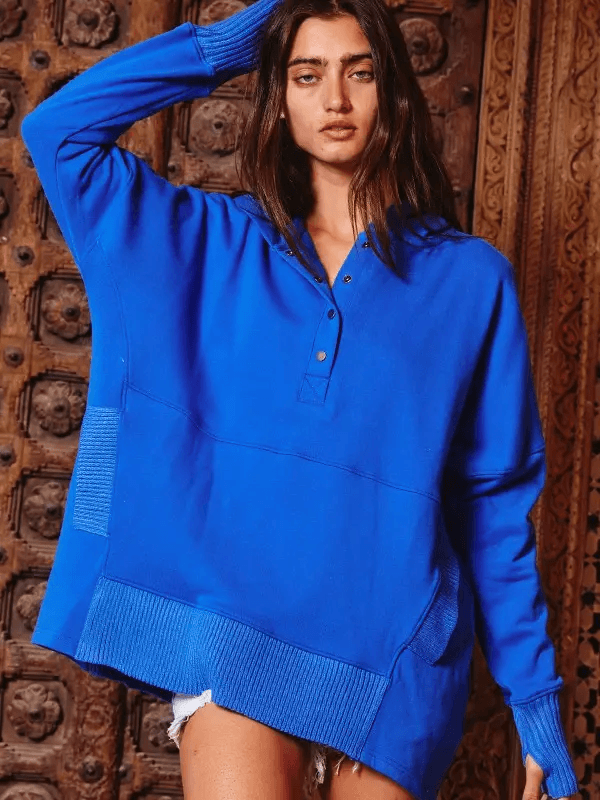 Long Sleeve Oversized Button Top- Royal Blue