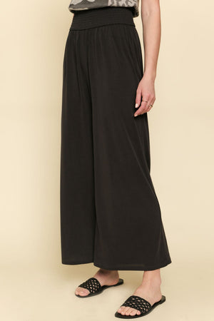Smocked Waist Modal Wide Pants-Black