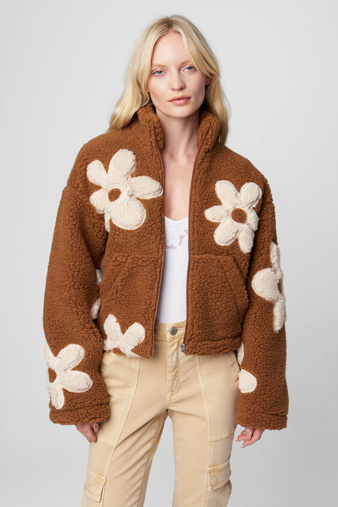Flower Child Sherpa Jacket-Brown/Cream