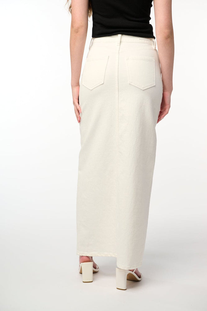 High-Rise Maxi Denim Skirt w Slit- White