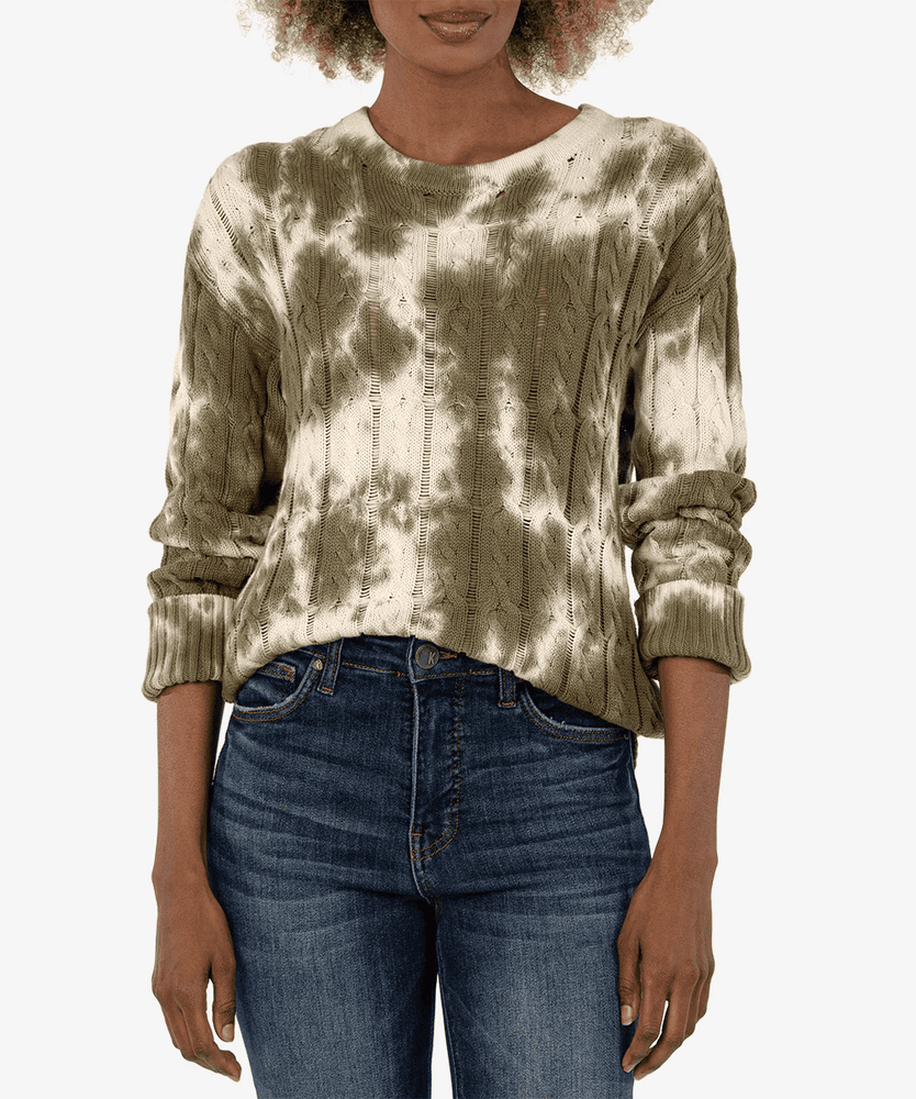Celia Cable Knit Pullover-Olive/White