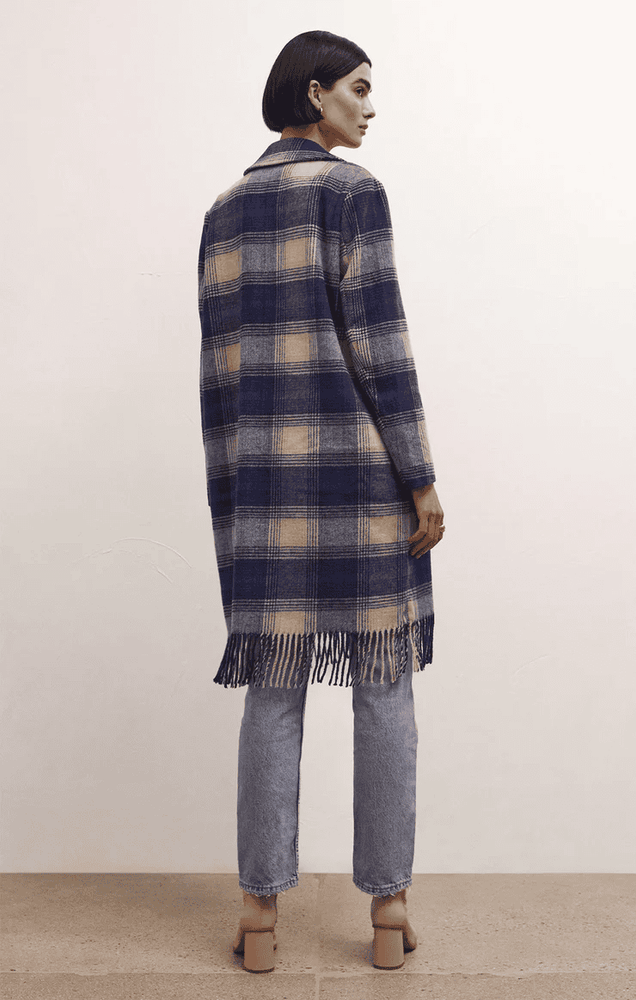 Ynez Fringed Plaid Coat-Cadet Blue