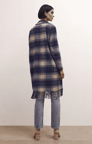 Ynez Fringed Plaid Coat-Cadet Blue