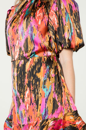 Puff Sleeve Print Dress-Pink/Multi