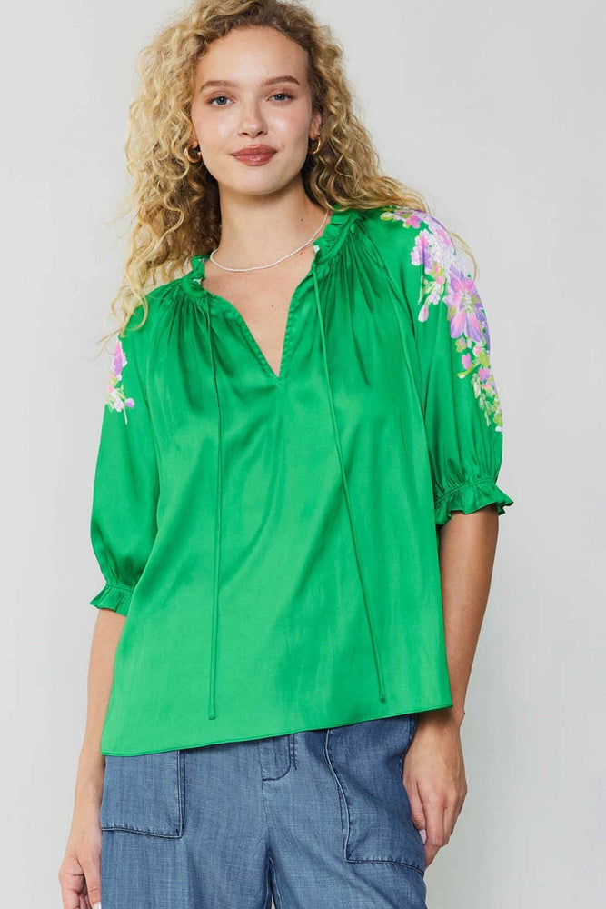 3Q Sleeve V-Neck Floral Blouse-Spring Green FINAL SALE