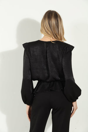 V-Neck Peplum Blouse - Black Satin