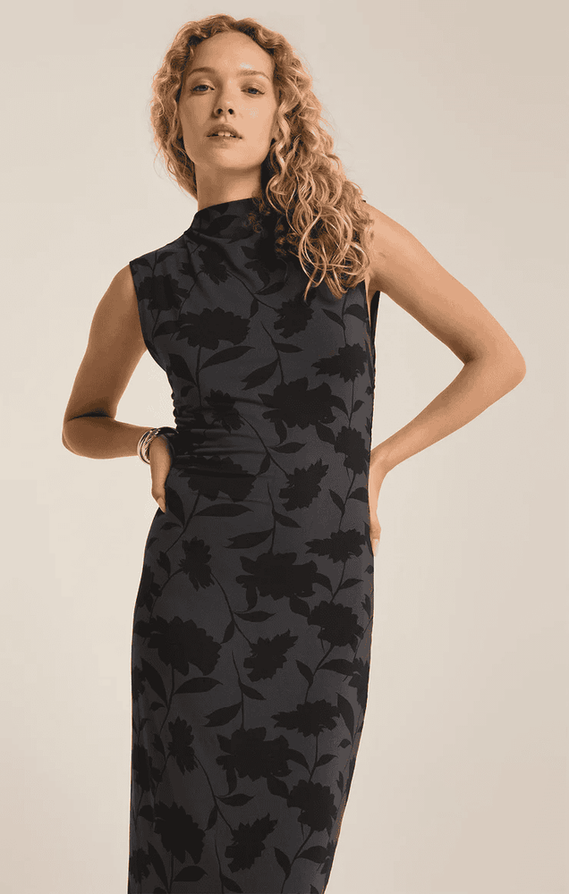 Tatum Shadow Floral Midi Dress-Black