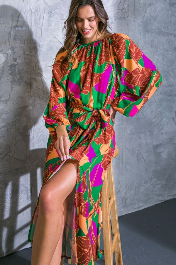 Printed Midi Dress-Green Multi