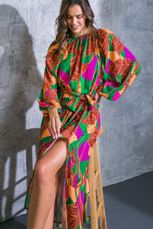 Printed Midi Dress-Green Multi