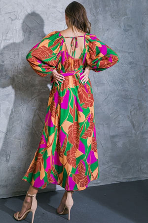 Printed Midi Dress-Green Multi