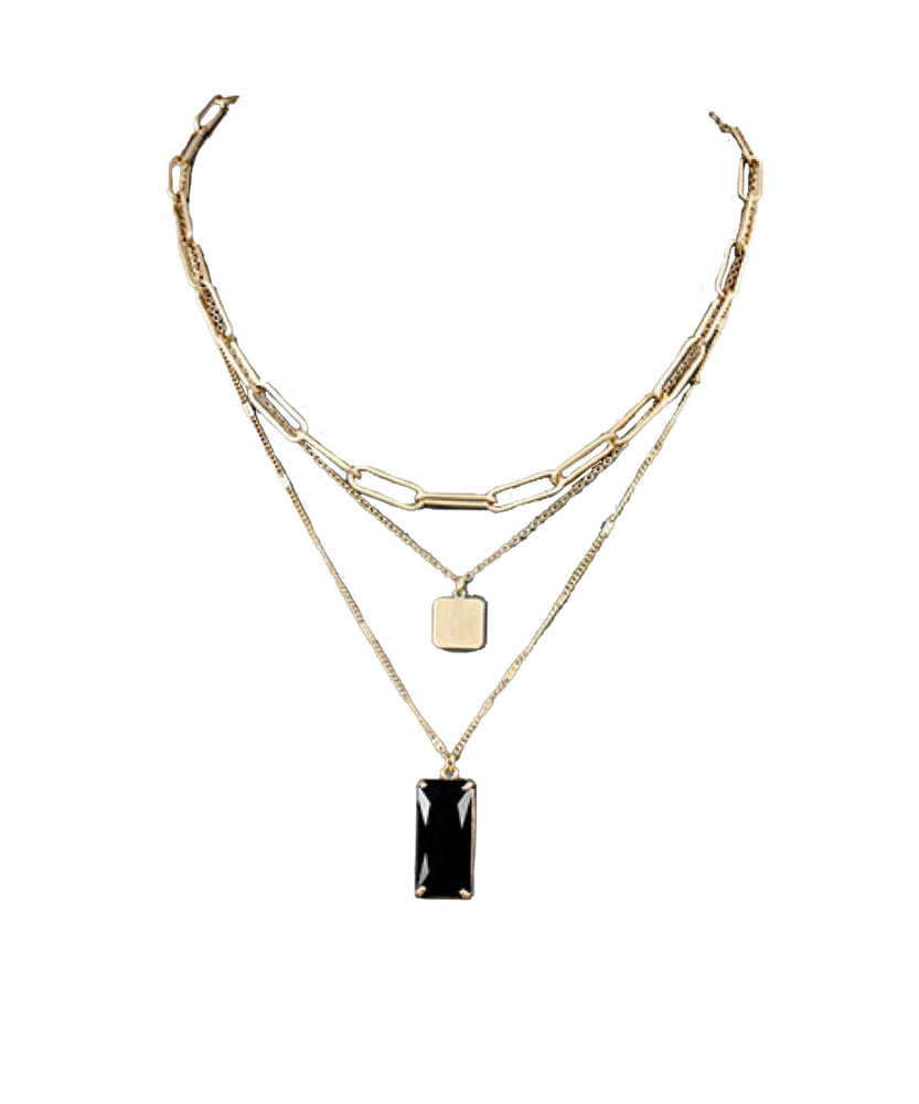 3 Row Chain Glass Necklace-Black