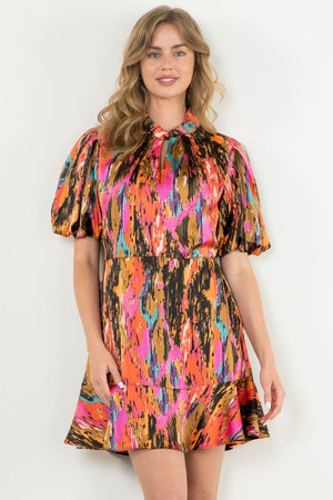 Puff Sleeve Print Dress-Pink/Multi