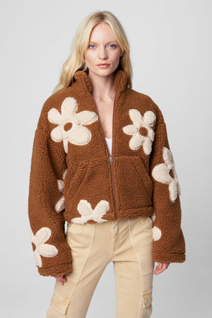 Flower Child Sherpa Jacket-Brown/Cream