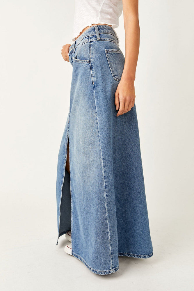 Come As You Are Denim Maxi Skirt-Sapphire Blue w Slit