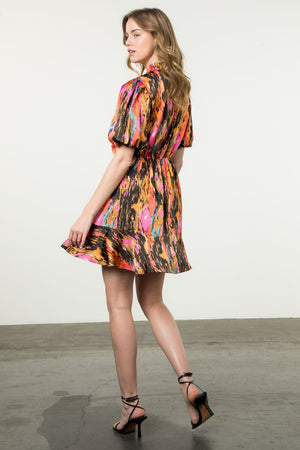 Puff Sleeve Print Dress-Pink/Multi