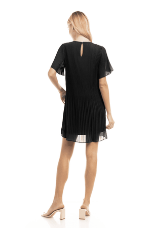 Short Sleeve Pleated Mini Dress-Black
