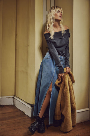 Come As You Are Denim Maxi Skirt-Sapphire Blue w Slit