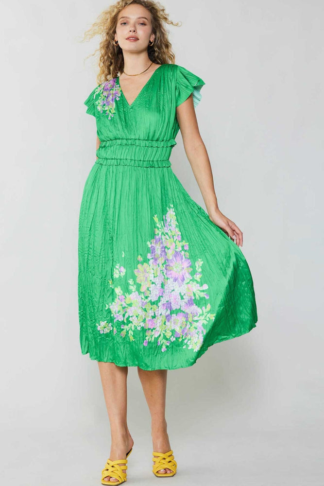 Pleated SS Floral Midi Dress-Spring Green