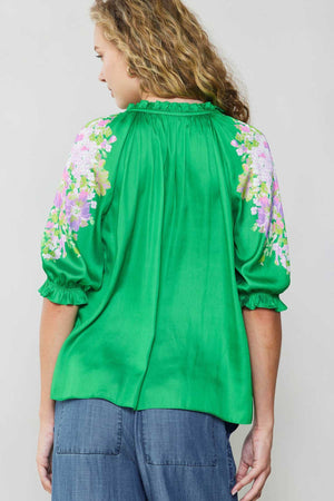3Q Sleeve V-Neck Floral Blouse-Spring Green FINAL SALE