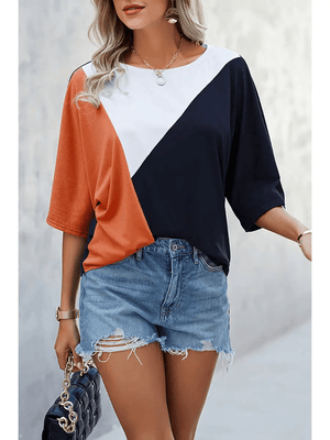 Dolman Half Sleeve Color Block Top-Navy/Orange