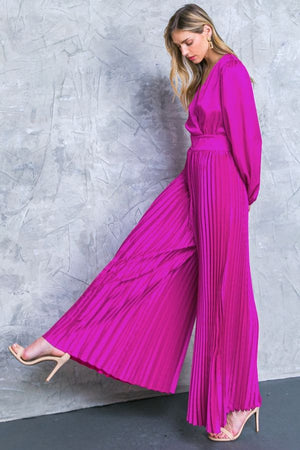Solid Satin Jumpsuit- Fuchsia
