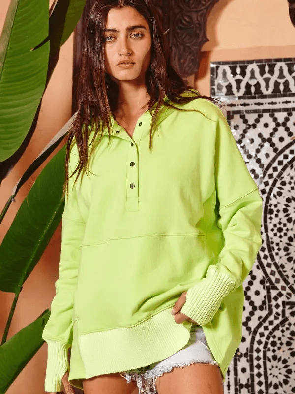 Long Sleeve Oversized Button Top- Neon Lime