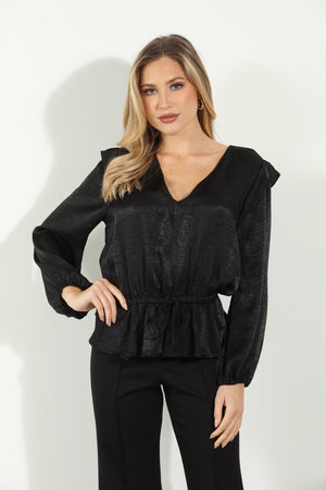 V-Neck Peplum Blouse - Black Satin