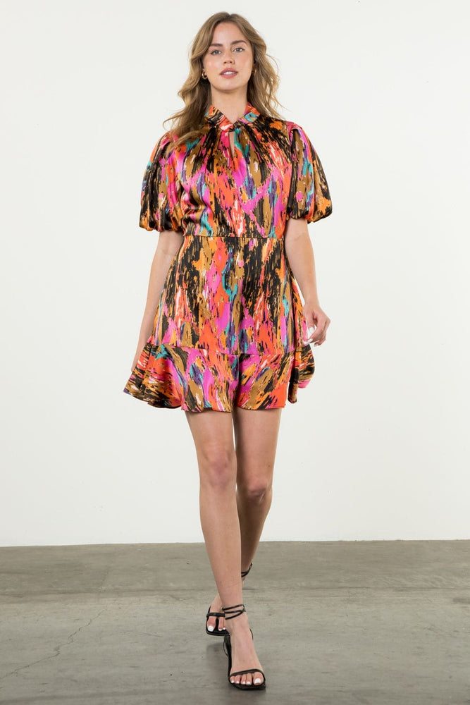 Puff Sleeve Print Dress-Pink/Multi