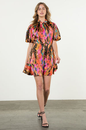 Puff Sleeve Print Dress-Pink/Multi