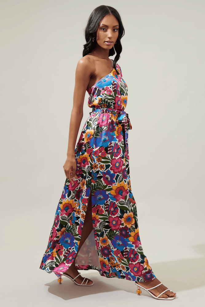One Shoulder Satin Maxi Dress-Floral/Multi