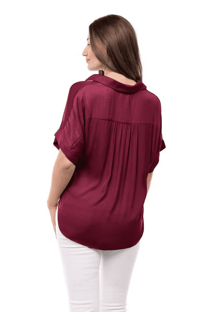 High-Low Collar Satin Blouse-Garnet