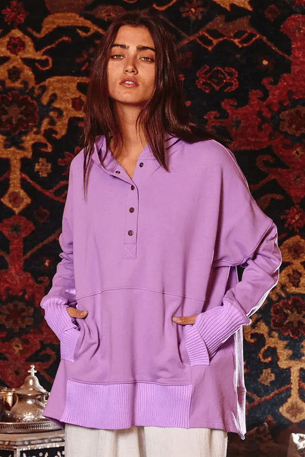 Long Sleeve Oversized Button Top- Lilac