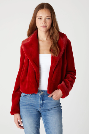 Faux Fur Cropped Jacket-Hot to Trot Red Orange