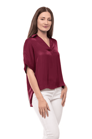 High-Low Collar Satin Blouse-Garnet