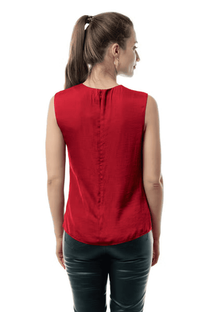 Shirred Gathered Detail Satin Tank-Scarlet