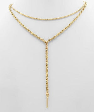 Bar Charm Wheat Chain Dual Necklace-Gold