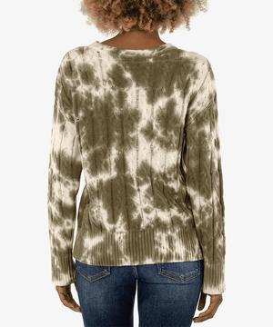 Celia Cable Knit Pullover-Olive/White