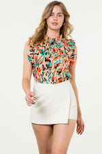 Ruffle Sleeve Print Top-Multi