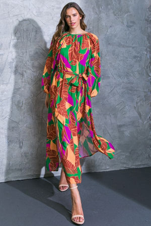 Printed Midi Dress-Green Multi