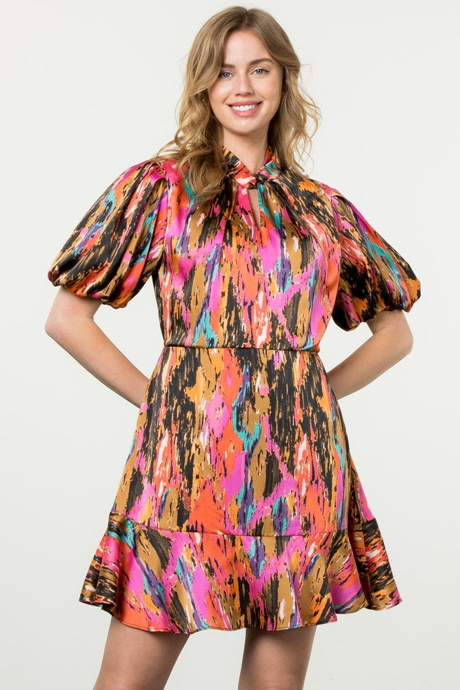 Puff Sleeve Print Dress-Pink/Multi