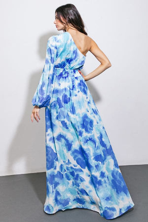 One Shoulder Maxi Dress-Ivory/Blue