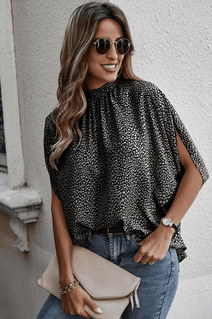 Cape Short Sleeve Top-Black Leopard
