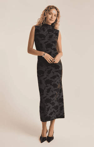 Tatum Shadow Floral Midi Dress-Black