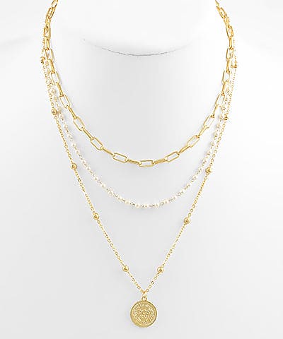 3 Layered Coin Pendant Necklace-Cream/Gold
