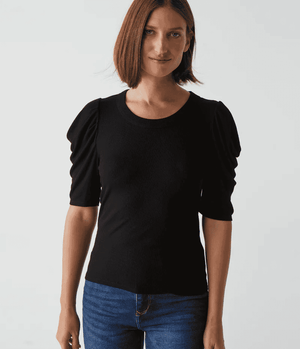 Andrea Pleated Sleeve Crop Top-Black