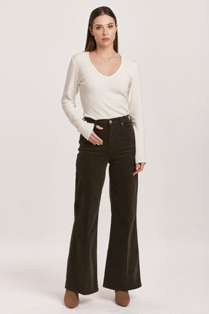 Fiona High Rise Wide Leg Jeans-Forest Pine Corduroy