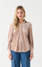 Button Front Velvet Shirt-Rusty Pink