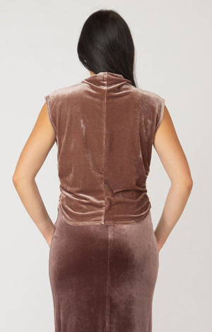 Ruched Mockneck Velvet Top-Chestnut